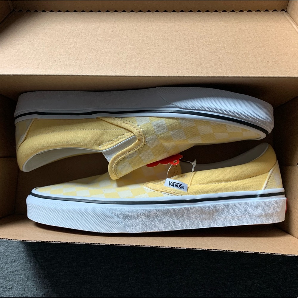 Vans Checkerboard Classic Slip-on: pastel yellow and white shoes